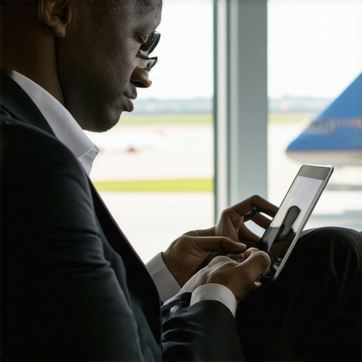Business professional using ultrabook in airport lounge