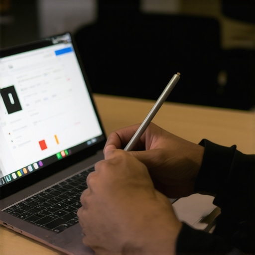 Professional working on a 2-in-1 laptop with stylus in a contemporary office environment