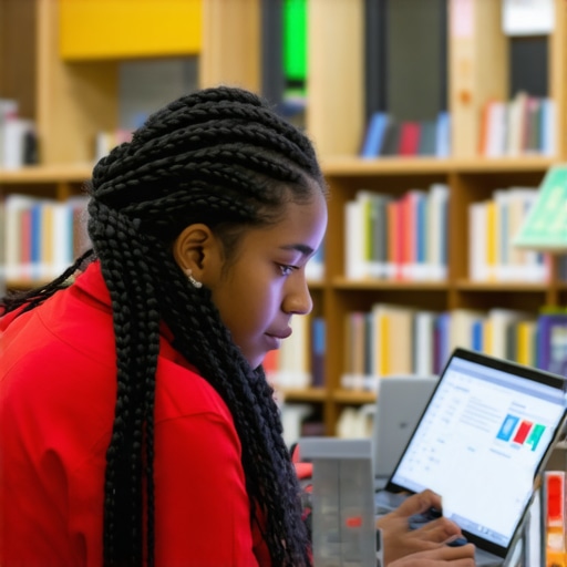Student working on ultrabook in a library
