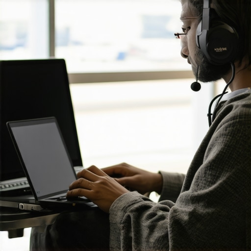 Person working with ultrabook and accessories in airport lounge