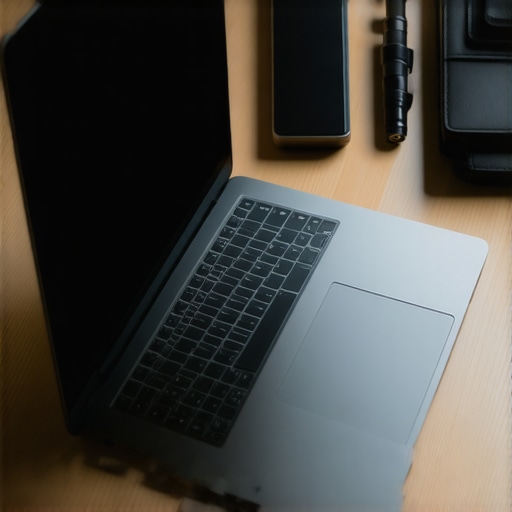 Modern ultrabook on a traveler's workspace with accessories.