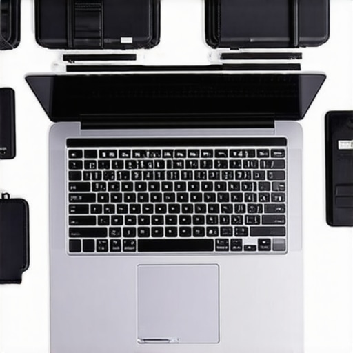 A modern ultrabook placed on a traveler's workspace with accessories.