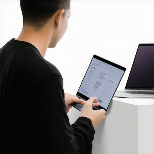 Person testing and comparing various convertible laptops in a retail store.