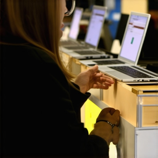 Person holding lightweight ultrabooks and assessing build quality in a retail store
