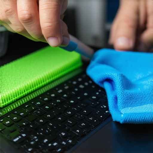 Person cleaning a laptop with compressed air and microfiber cloth to ensure optimal performance