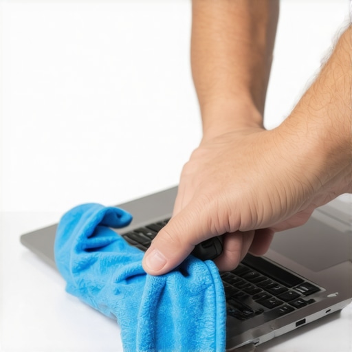 Person cleaning a sleek ultrabook with soft cloth and compressed air to ensure long-term performance.