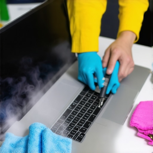 Person cleaning laptop with compressed air and microfiber cloth in workspace.