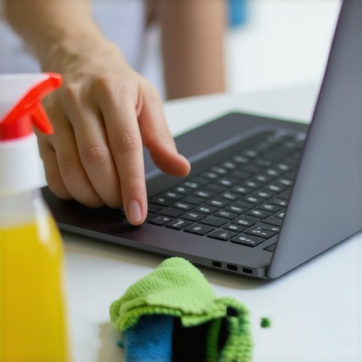 Person cleaning a 2-in-1 ultrabook with microfiber cloth and cleaning spray.