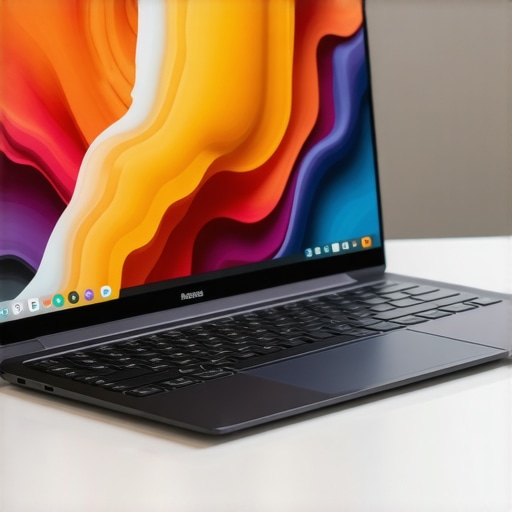 Close-up of a sleek ultrabook with vibrant screen on a clean desk