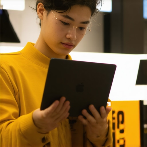Person evaluating a convertible 2-in-1 laptop in a retail store, checking its hinge and display.