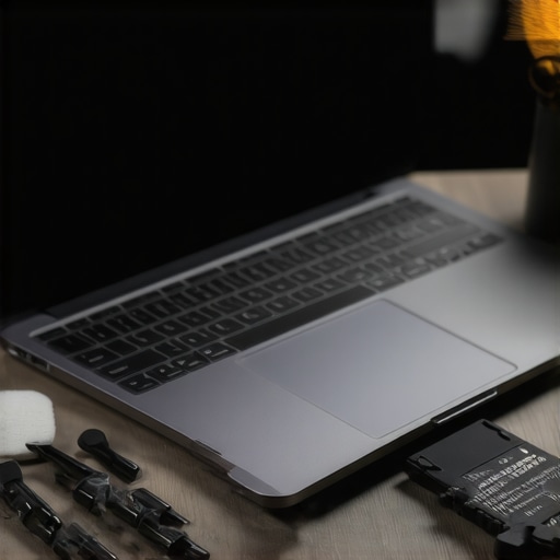Ultrabook, external SSD, and cleaning tools on a travel-friendly workspace.