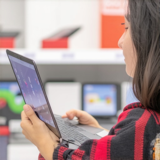 Person examining various budget laptops to compare specifications.