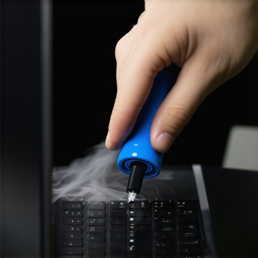 Person cleaning a business ultrabook with compressed air to maintain performance