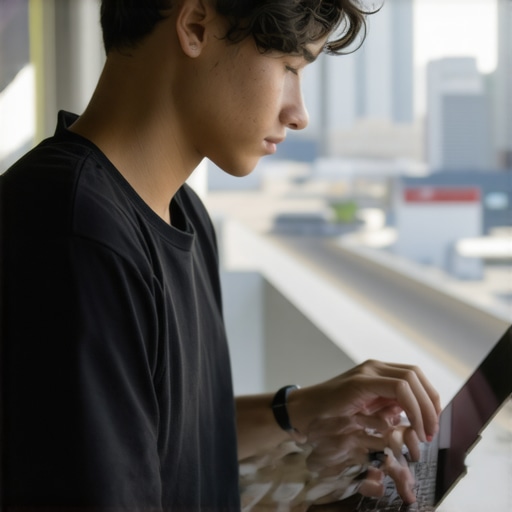 Young student working on a slim ultrabook laptop outdoors in a city setting.
