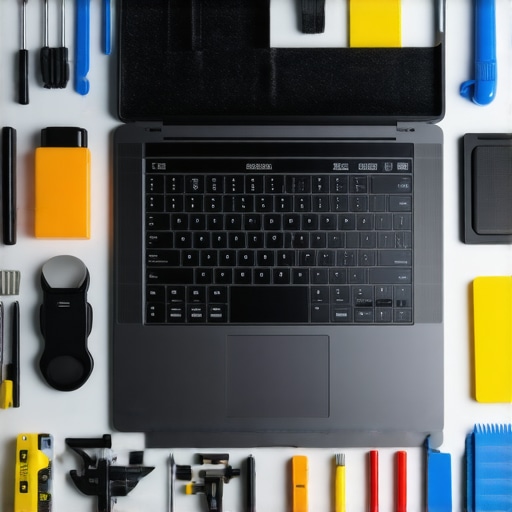Ultrabook with cleaning tools and system monitoring screens demonstrating maintenance practices.