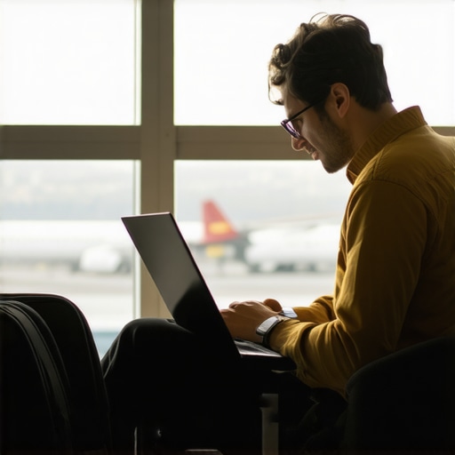 A traveler working on a sleek ultrabook with accessories in an airport lounge.