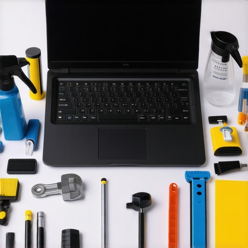 Laptop maintenance tools including cleaning spray, diagnostic software on screen, organized workspace