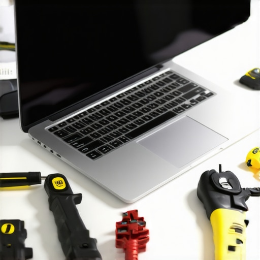 Person maintaining a business ultrabook with cleaning tools and software