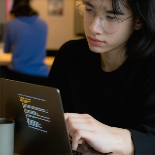 A student working on a sleek ultrabook with AI coding application on screen in a cozy coffee shop