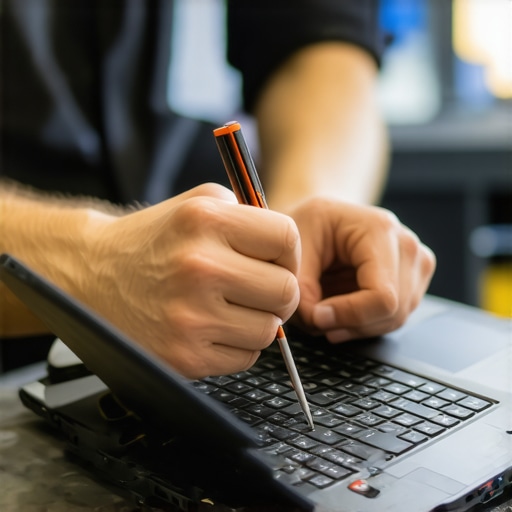 Technician cleaning and inspecting a business ultrabook with tools and software monitoring