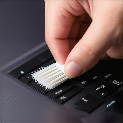 Person cleaning dust from laptop vents with a brush