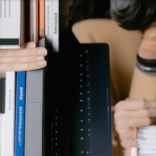 Person adjusting their ultrabook webcam at eye level with a stack of books