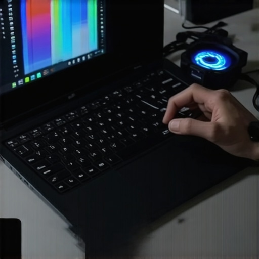Person checking laptop diagnostics and cooling accessories to ensure performance