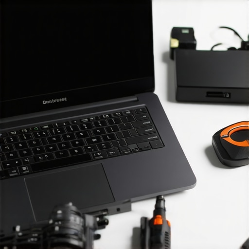 Student laptop surrounded by cleaning tools and backup drives, illustrating maintenance routines.