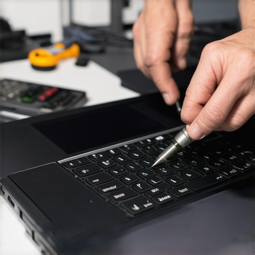 Technician cleaning and servicing ultrabook with precision tools and compressed air.