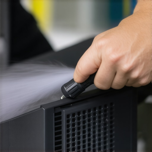 Person cleaning a laptop's vents with compressed air to prevent dust buildup.