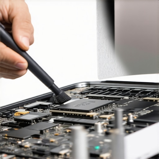 Technician cleaning laptop internals with brushes and tools.
