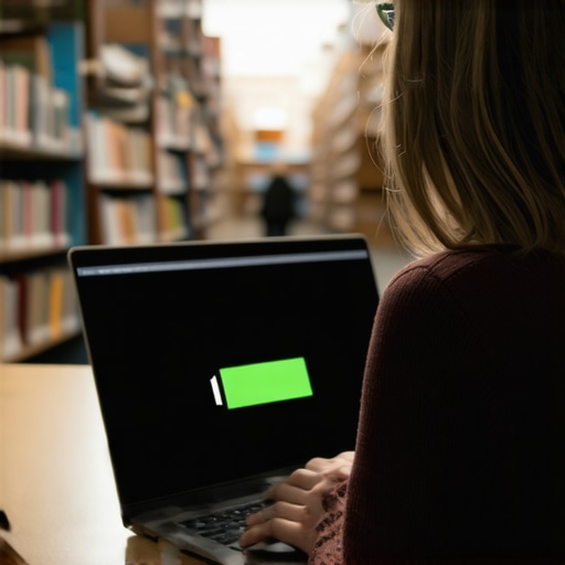 Person working on a lightweight laptop with long battery life in a library setting.