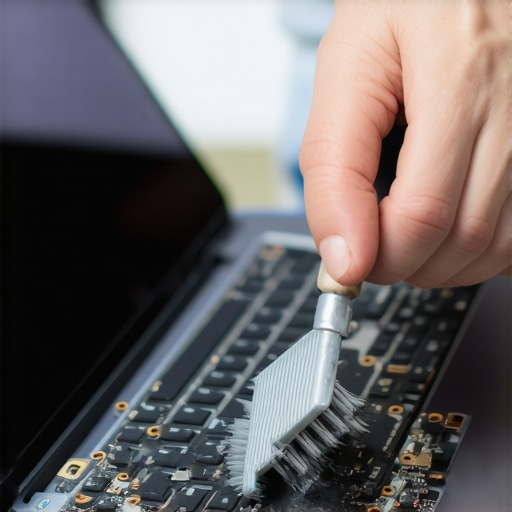 Person cleaning laptop internals with compressed air and brush to prevent overheating and dust buildup