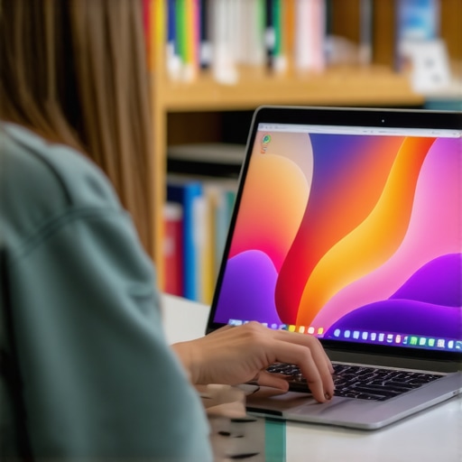 Student working on a modern ultrabook with vivid screen in a library