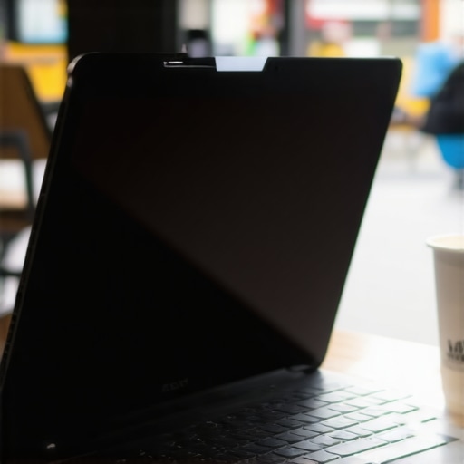 Modern ultrabook with privacy shutter engaged in a cafe environment