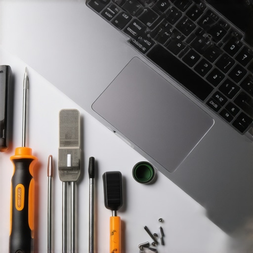 A set of precision screwdrivers next to a disassembled laptop, showcasing hardware maintenance essentials.