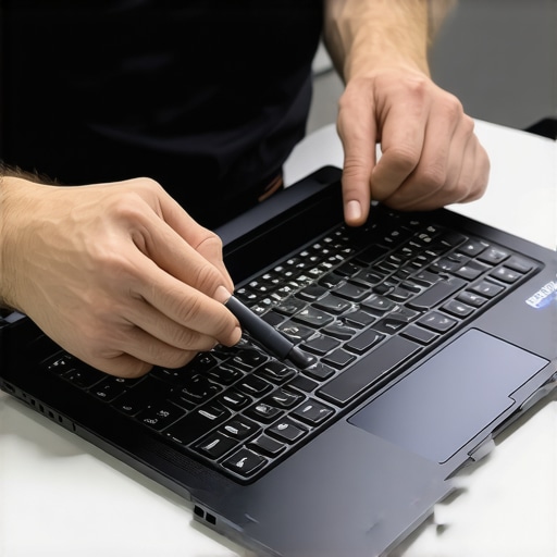 Technician upgrading a business ultrabook with modular components in a workshop