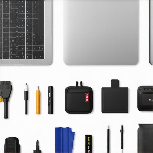 A workspace featuring a laptop, compressed air can, external monitor, and repair toolkit, emphasizing maintenance and scalability.