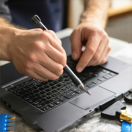 A person using tools to clean and repair a slim ultrabook, showcasing maintenance essentials.