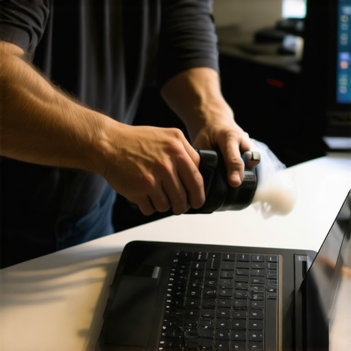 Person using compressed air to clean a laptop's vents in a tidy workspace.