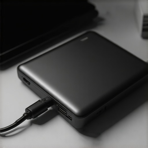 High-capacity portable power bank connected to a laptop in travel setting
